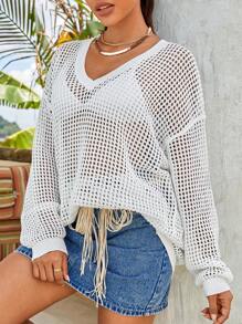 SHEIN VCAY 休閒透膚純色女士毛衣 - 白色 - 查看 1