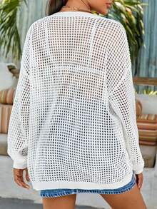 SHEIN VCAY 休閒透膚純色女士毛衣 - 白色 - 查看 2