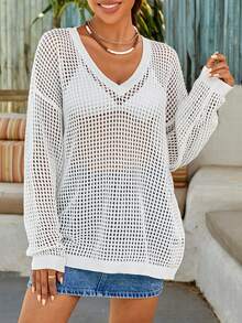 SHEIN VCAY 休閒透膚純色女士毛衣 - 白色 - 查看 3