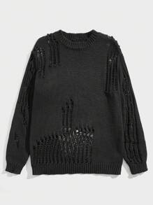 ROMWE MEN Grunge Punk Suéter de hombre KPOP de manga larga con diseño rasgado, estilo grunge, para otoño - Negro - Ver 1