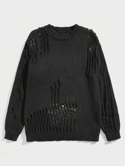 Grunge Punk Suéter de hombre con diseño rasgado, para otoño, estilo grunge