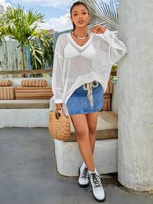 SHEIN VCAY 休閒透膚純色女士毛衣 - 白色 - 查看 6