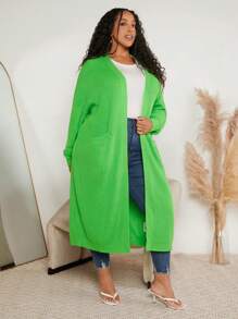 SHEIN CURVE+ Kích thước lớn Màu thuần Giải trí Dài Áo len Mở - màu xanh lá - Xem 5