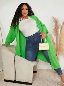 SHEIN CURVE+ Kích thước lớn Màu thuần Giải trí Dài Áo len Mở - màu xanh lá - Xem 4