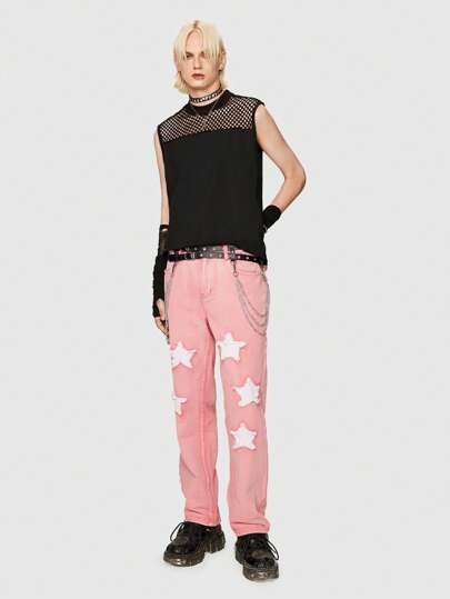 ROMWE Avant Guys Star Raw Hem Straight Leg Baggy Jeans
