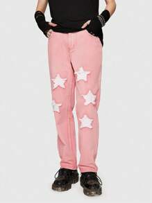 ROMWE MEN ROMWE Avant Guys Star Raw Hem Straight Leg Baggy Jeans - Coral Pink - View 1