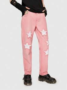 ROMWE MEN ROMWE Avant Guys Star Raw Hem Straight Leg Baggy Jeans - Coral Pink - View 5