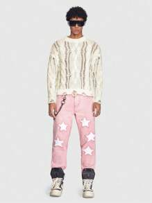 ROMWE MEN ROMWE Avant 男士素色鏤空破洞毛衣 - 杏色 - 查看 1