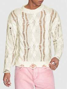 ROMWE MEN ROMWE Avant 男士素色鏤空破洞毛衣 - 杏色 - 查看 2