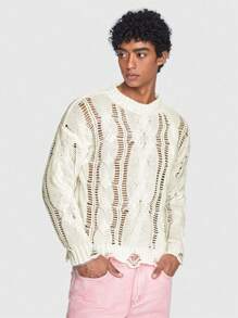 ROMWE MEN ROMWE Avant 男士素色鏤空破洞毛衣 - 杏色 - 查看 3