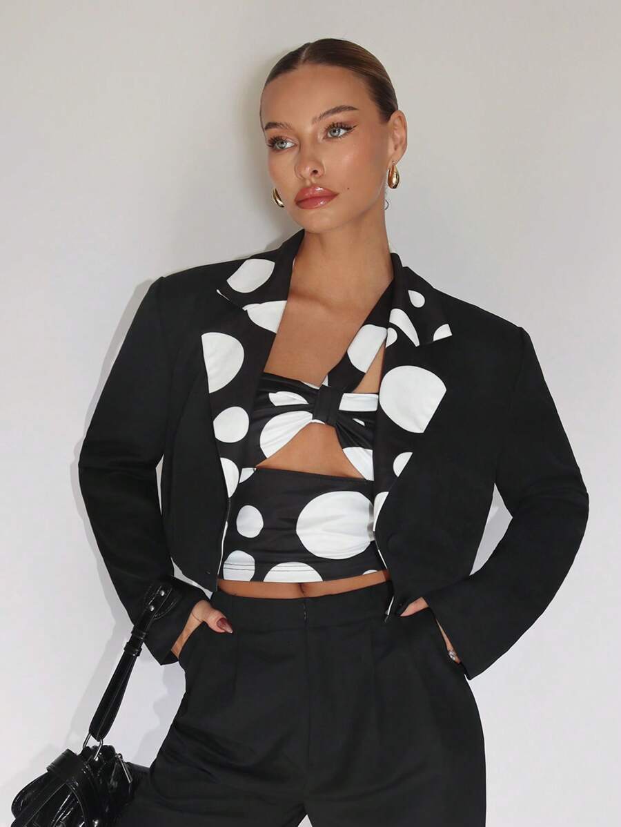 SHEINNeu 幾何印花短版西裝 - 黑色 - 查看 1