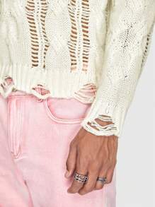 ROMWE MEN ROMWE Avant 男士素色鏤空破洞毛衣 - 杏色 - 查看 5