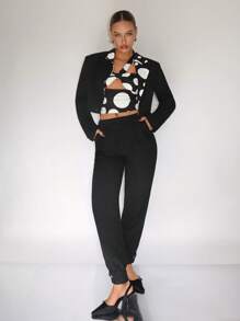 SHEINNeu 幾何印花短版西裝 - 黑色 - 查看 5