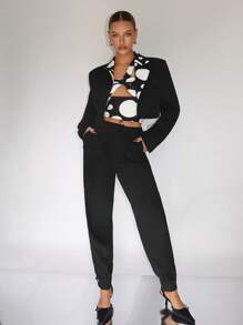 SHEINNeu 幾何印花短版西裝 - 黑色 - 查看 6