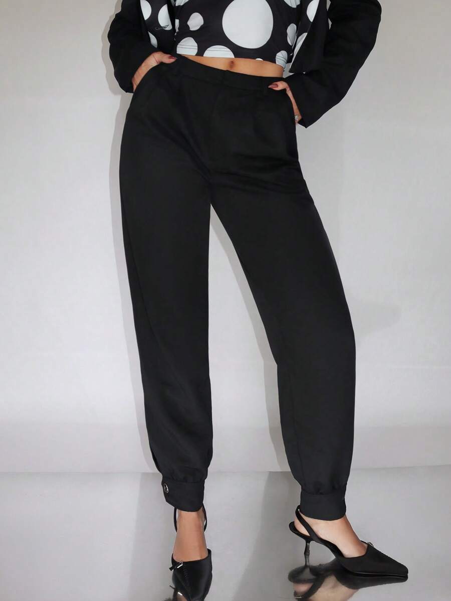SHEINNeu Fold Pleated Button Hem Pants - Black - View 1