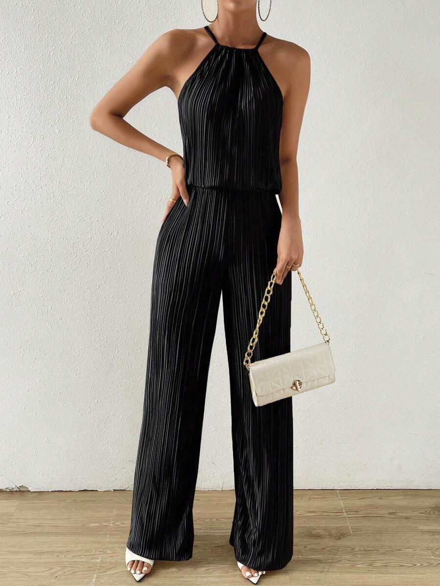 Calvaya Solid Halter Top & Wide Leg Trousers - Black - View 1