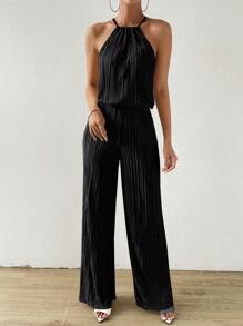 Calvaya Solid Halter Top & Wide Leg Trousers - Black - View 3