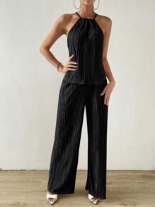 Calvaya Solid Halter Top & Wide Leg Trousers - Black - View 4