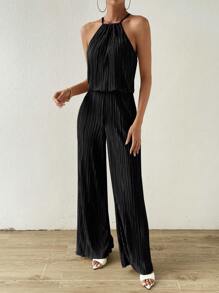Calvaya Solid Halter Top & Wide Leg Trousers - Black - View 5