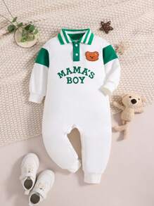 Baby Girl Bear & Letter Graphic Contrast Polo Neck Jumpsuit - White - View 1