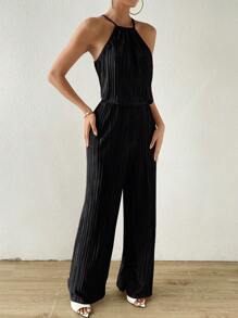Calvaya Solid Halter Top & Wide Leg Trousers - Black - View 6