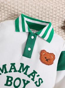 Baby Girl Bear & Letter Graphic Contrast Polo Neck Jumpsuit - White - View 3