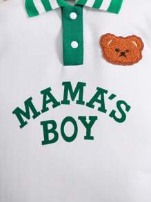 Baby Girl Bear & Letter Graphic Contrast Polo Neck Jumpsuit - White - View 4