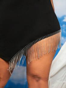 SHEIN CURVE+ Vestido de tirantes con diamante de imitación ribete con fleco bajo asimétrico - Negro - Ver 5