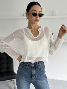 DAZY Notched Neckline Drop Shoulder Top Without Cami Top - White - View 1