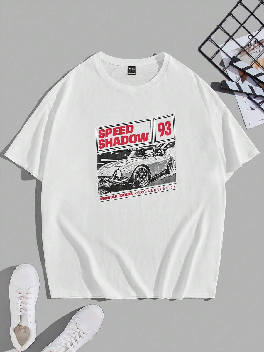 Manfinity RebelGame Nam Plus Đồ họa ô tô và chữ cái Áo thun Thả vai - trắng - Xem 1