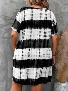 SHEIN LUNE Đầm Plus Size Thắt nơ trước Cà vạt nhuộm Giải trí - Đen và trắng - Xem 2