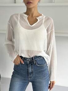 DAZY Notched Neckline Drop Shoulder Top Without Cami Top - White - View 3