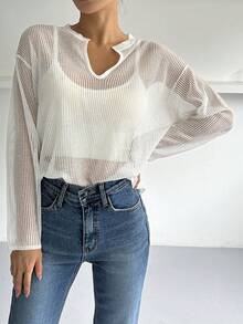 DAZY Notched Neckline Drop Shoulder Top Without Cami Top - White - View 4