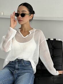 DAZY Notched Neckline Drop Shoulder Top Without Cami Top - White - View 5