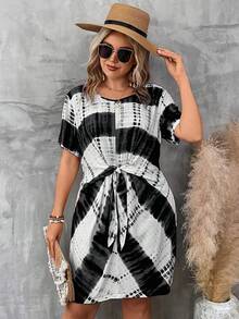SHEIN LUNE Đầm Plus Size Thắt nơ trước Cà vạt nhuộm Giải trí - Đen và trắng - Xem 5