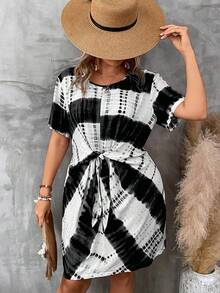 SHEIN LUNE Đầm Plus Size Thắt nơ trước Cà vạt nhuộm Giải trí - Đen và trắng - Xem 6