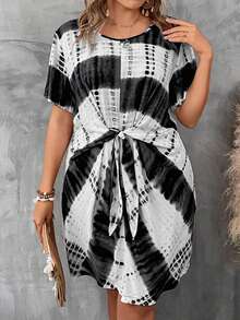 SHEIN LUNE Đầm Plus Size Thắt nơ trước Cà vạt nhuộm Giải trí - Đen và trắng - Xem 7