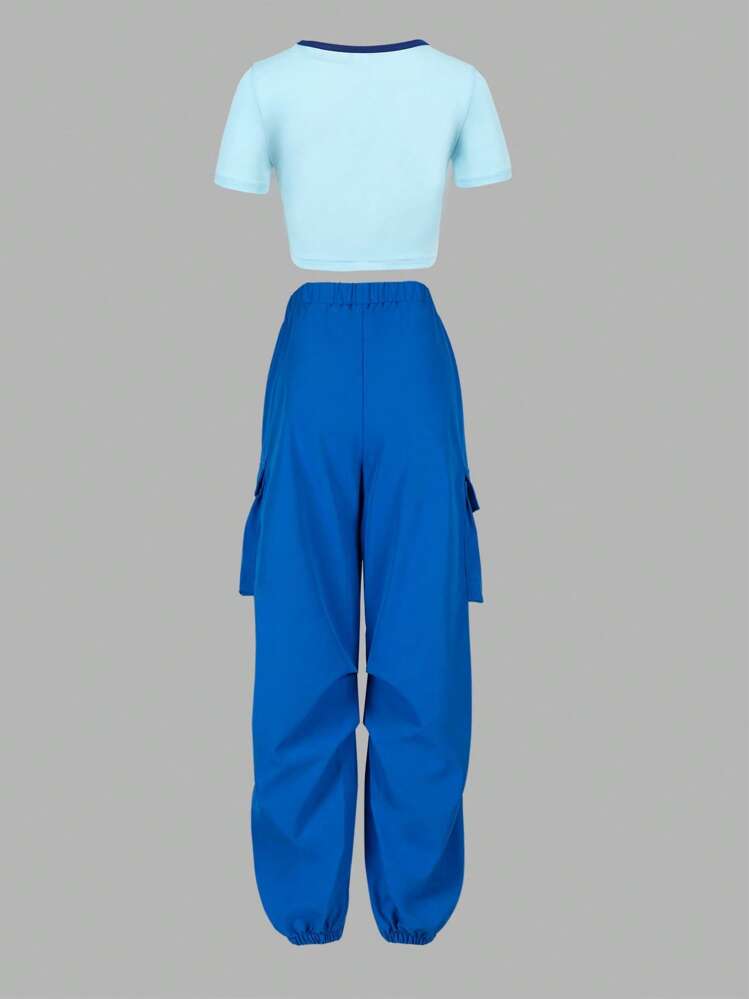 SHEIN Explorewe Thiếu niên cô gái Đồ họa Trái tim & Chữ cái Áo thun & Túi có nắp Quần Cargo - Màu xanh lam - Xem 2