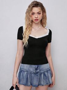 SHEIN MOD 對比蕾絲肋紋針織上衣 - 黑色 - 查看 1