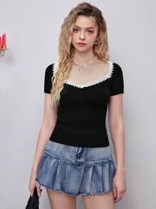 SHEIN MOD 對比蕾絲肋紋針織上衣 - 黑色 - 查看 4