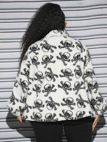 SHEIN CURVE+ Hơn In Đầu lâu Thả vai Áo khoác Teddy - Đen và trắng - Xem 2