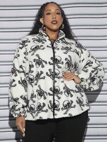 SHEIN CURVE+ Hơn In Đầu lâu Thả vai Áo khoác Teddy - Đen và trắng - Xem 5