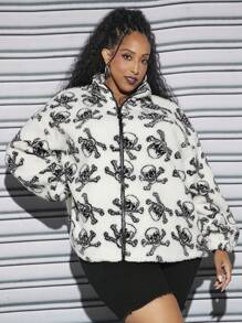 SHEIN CURVE+ Hơn In Đầu lâu Thả vai Áo khoác Teddy - Đen và trắng - Xem 6