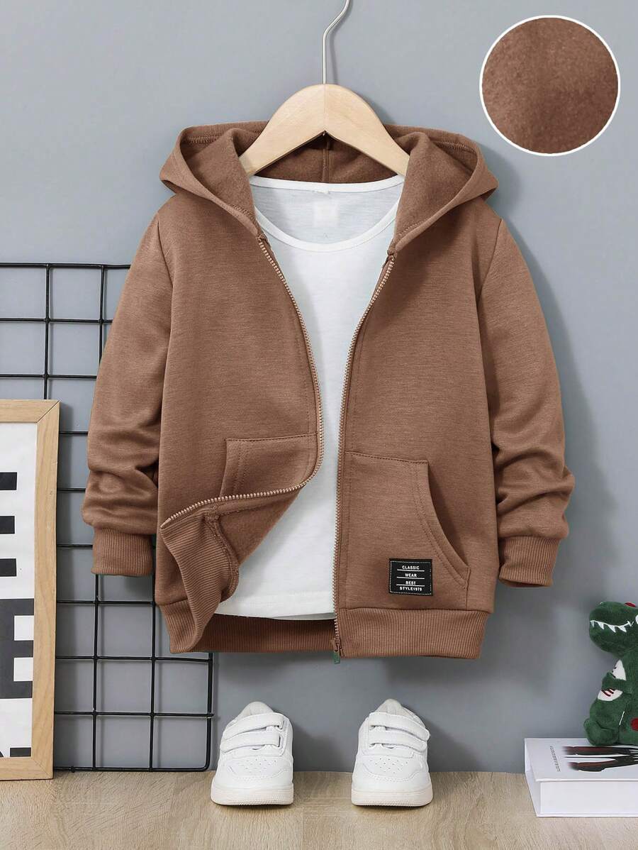 SHEIN 男童纯色长袖拉链休闲卫衣 - 鏽棕色 - 查看 1