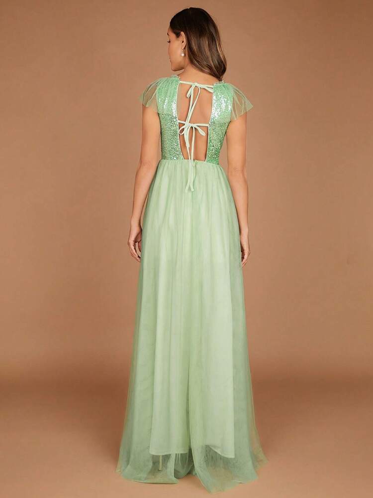 Contrast Sequin Mesh Overlay Maxi Bridesmaid Dress