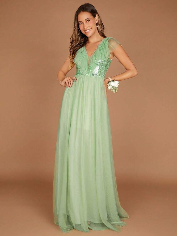 Contrast Sequin Mesh Overlay Maxi Bridesmaid Dress