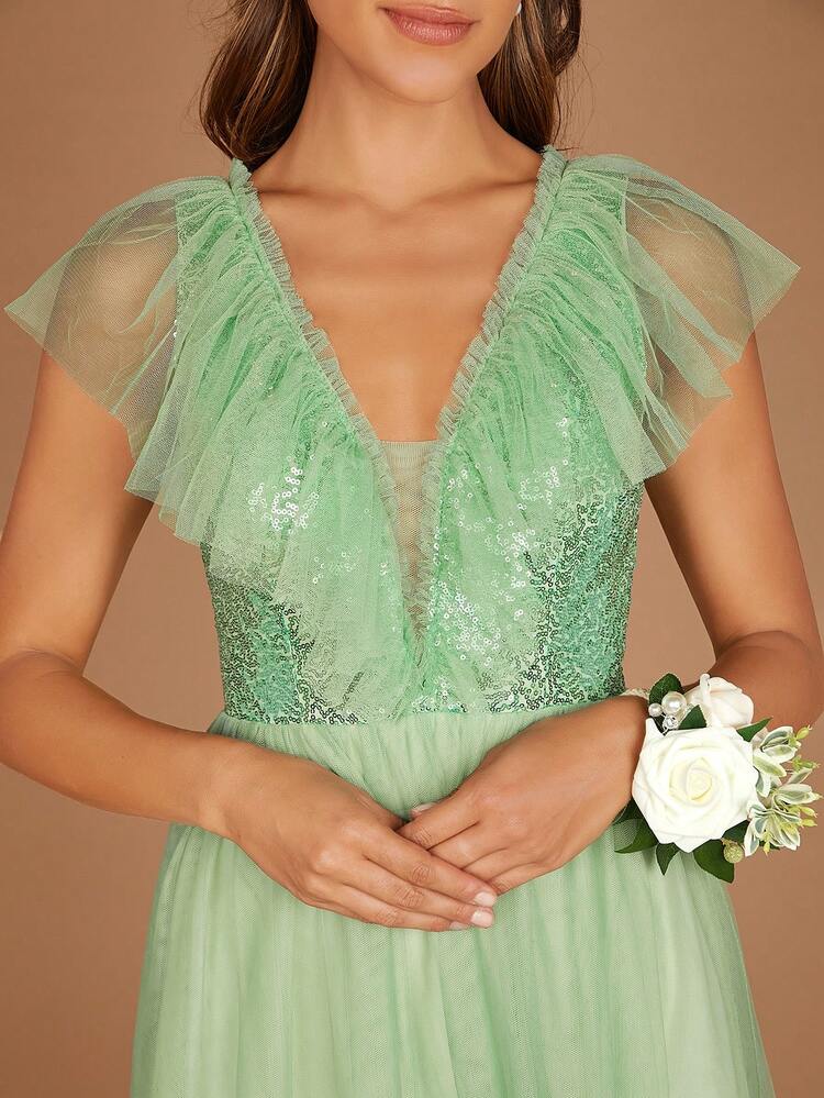 Contrast Sequin Mesh Overlay Maxi Bridesmaid Dress