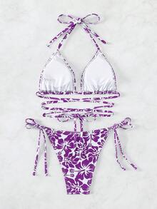 Allover Floral Print Lace Up Bikini Set - Purple - View 2