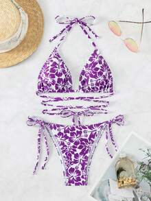 Allover Floral Print Lace Up Bikini Set - Purple - View 3