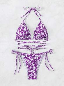 Allover Floral Print Lace Up Bikini Set - Purple - View 4